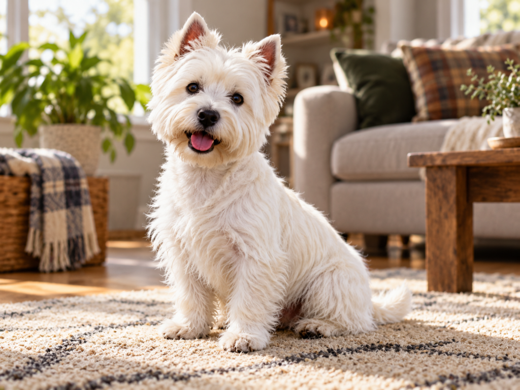 A West Highland White Terrier sitting happily on a rug in a cozy living room