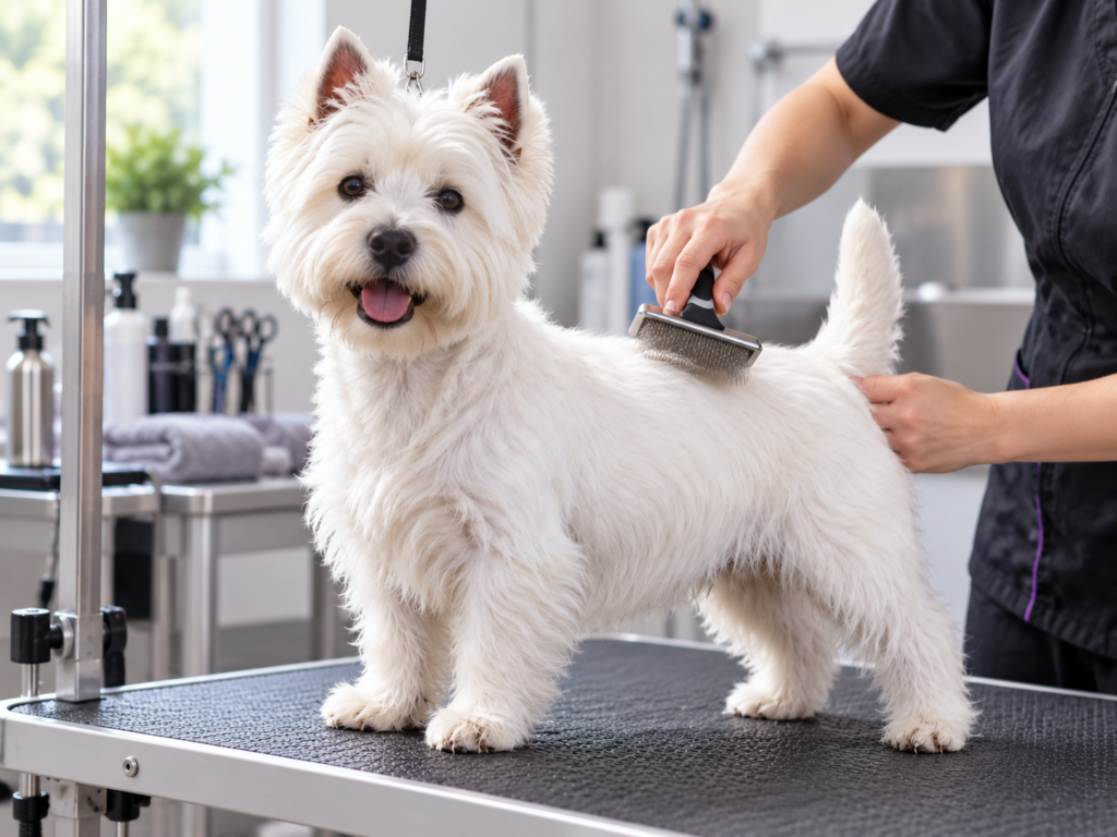A West Highland White Terrier being brushed by a groomer on a grooming table