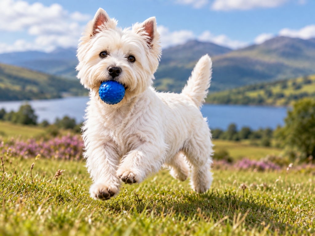 A West Highland White Terrier running across a grassy field with a blue ball in its mouth