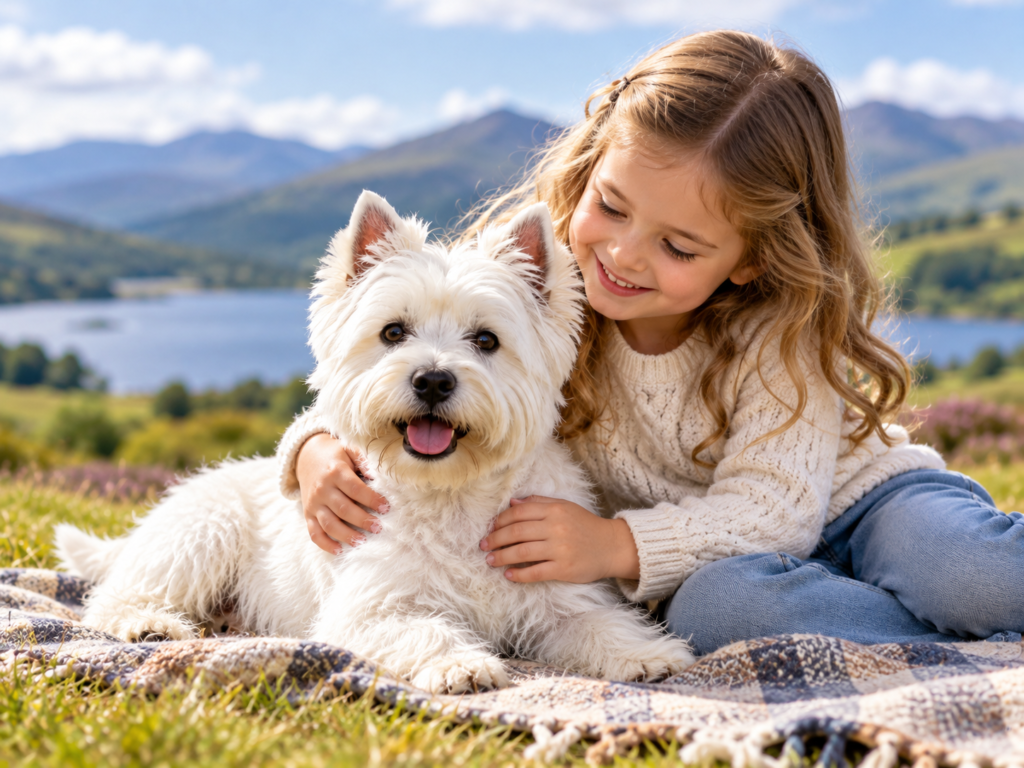 A young girl gently hugging a West Highland White Terrier on a blanket outdoors