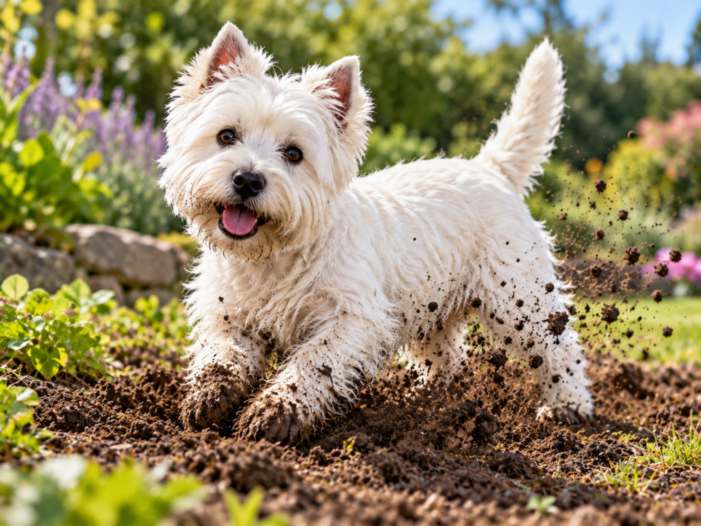 A West Highland White Terrier happily digging in a garden with dirt flying