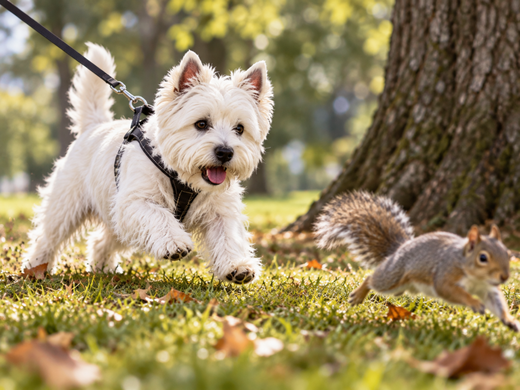 A West Highland White Terrier on a leash chasing a squirrel in the park