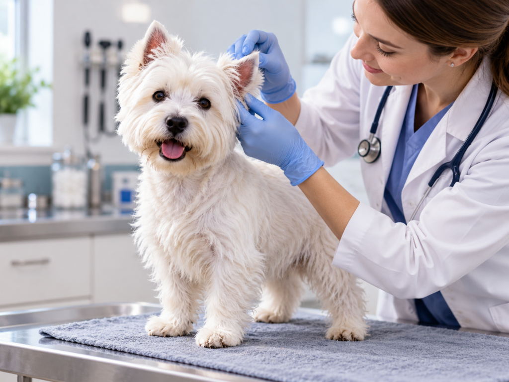 A veterinarian gently checking a West Highland White Terrier's ear during an exam