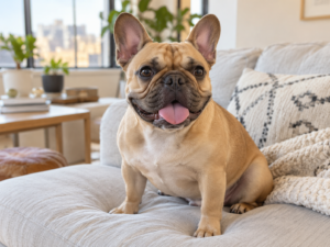 A fawn French Bulldog sitting happily on a sofa in a city apartment