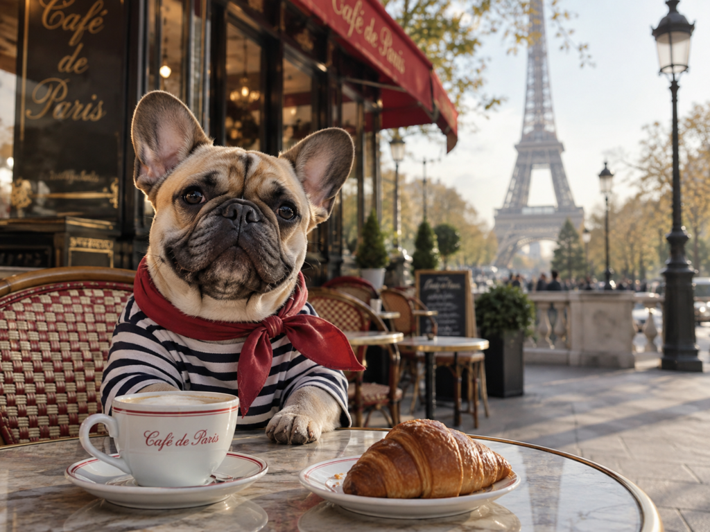 A French Bulldog in a striped shirt and red scarf at a Paris café with the Eiffel Tower behind