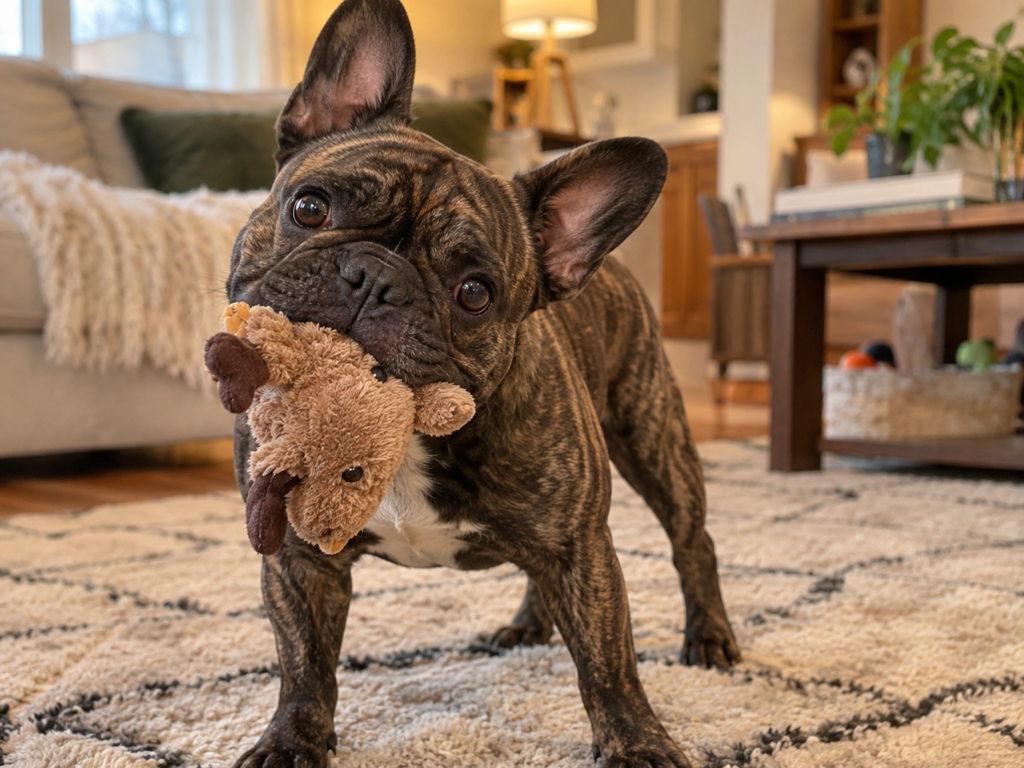 A brindle French Bulldog holding a plush toy in its mouth in a living room