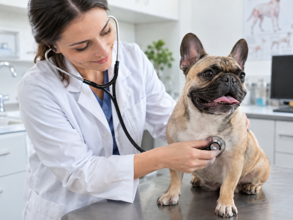 A veterinarian listening to a French Bulldog with a stethoscope