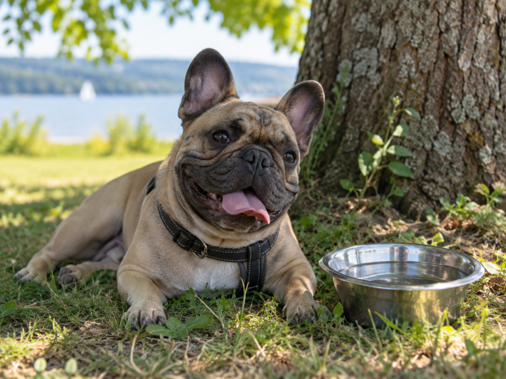 A French Bulldog resting in the shade beside a bowl of water on a sunny day