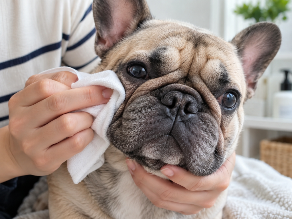 An owner gently cleaning the facial folds of a French Bulldog with a soft cloth