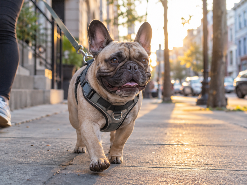 A French Bulldog walking on a city sidewalk in a harness at sunset