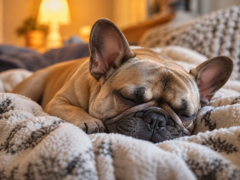 A fawn French Bulldog sleeping on a cozy blanket