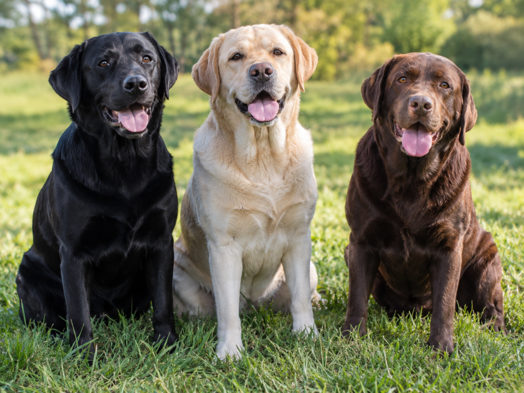Three Labrador Retrievers sitting side by side in black, yellow, and chocolate