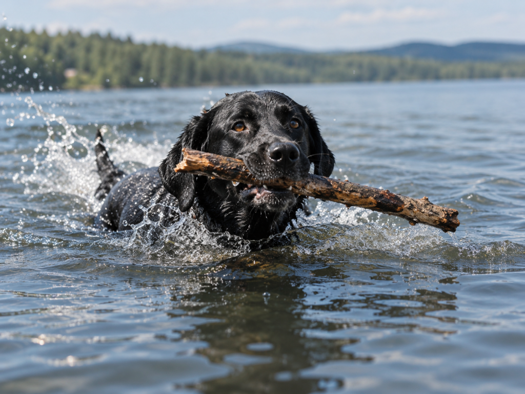 A black Labrador Retriever swimming in a lake with a stick in its mouth