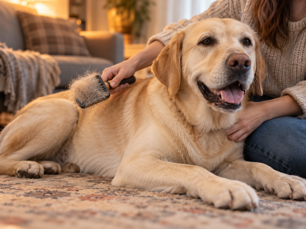 A yellow Labrador lying on a rug while its owner brushes out loose undercoat
