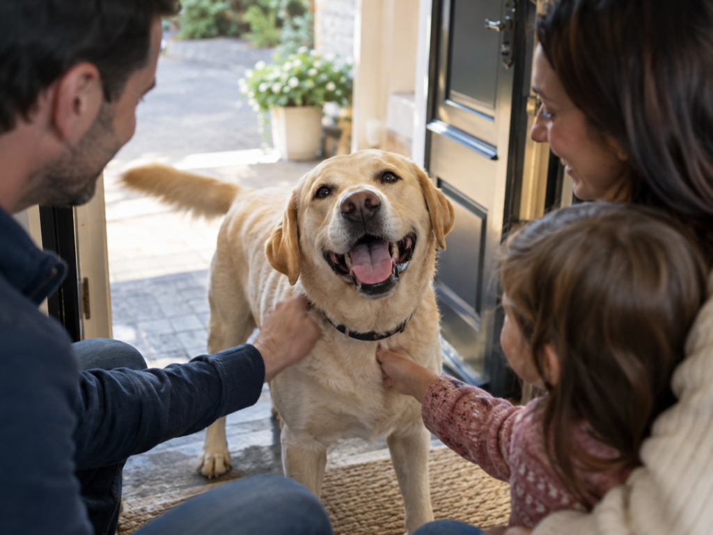 A happy yellow Labrador greeting a family at the front door