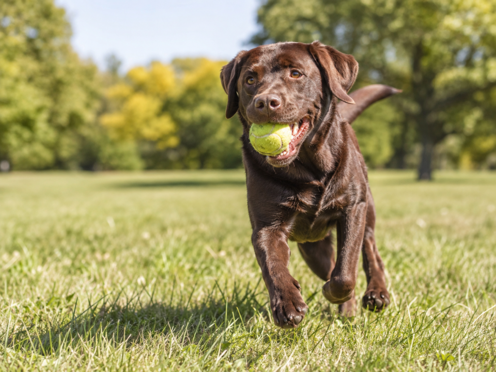 A chocolate Labrador running across a field with a tennis ball