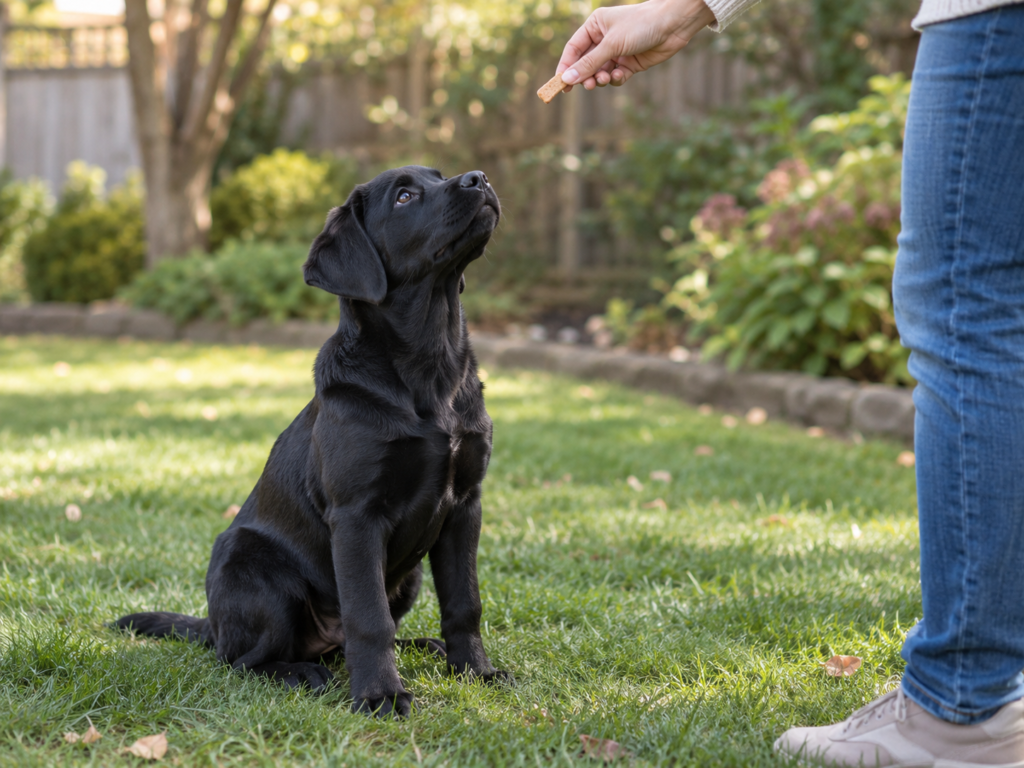 A black Labrador puppy sitting politely and looking up at a treat