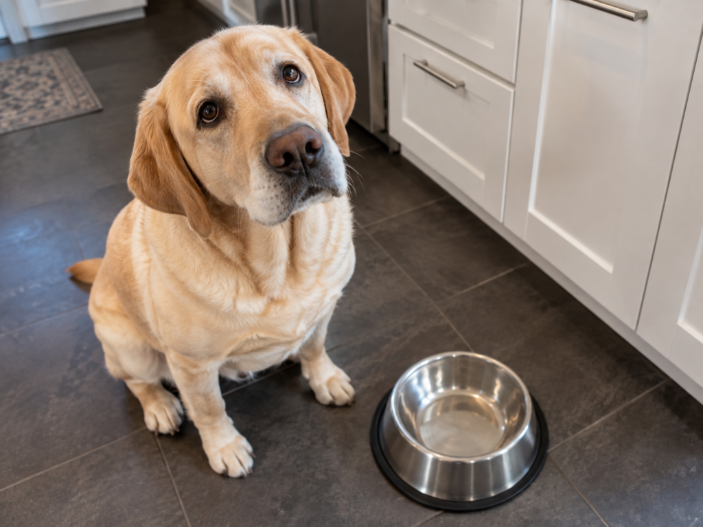 A yellow Labrador sitting beside an empty food bowl with pleading eyes