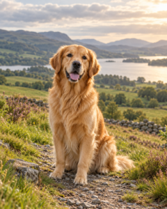 A Golden Retriever sitting on a hillside path above a Scottish loch