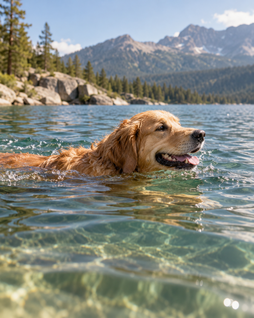 A Golden Retriever swimming happily in a clear mountain lake