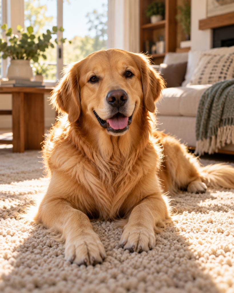 A Golden Retriever lying on a soft rug in a sunny living room