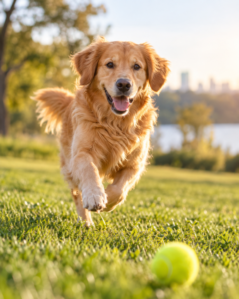 A Golden Retriever running across the grass toward a tennis ball