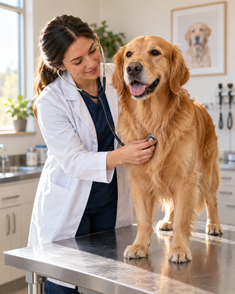 A veterinarian listening to a Golden Retriever’s heart with a stethoscope