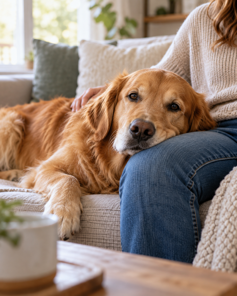 A Golden Retriever resting its head on its owner’s lap on the sofa