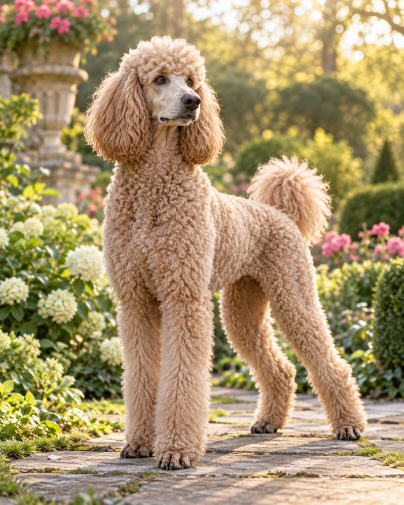 A Standard Poodle standing on a stone path in a flower garden