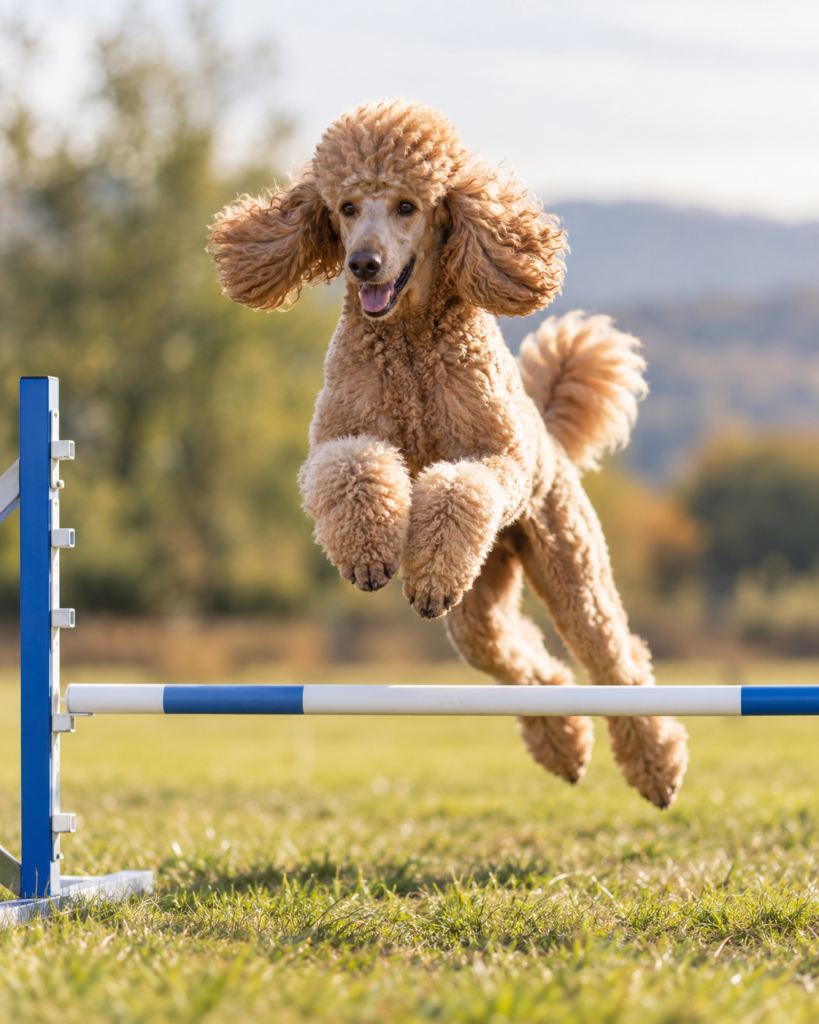 A Standard Poodle leaping over an agility jump