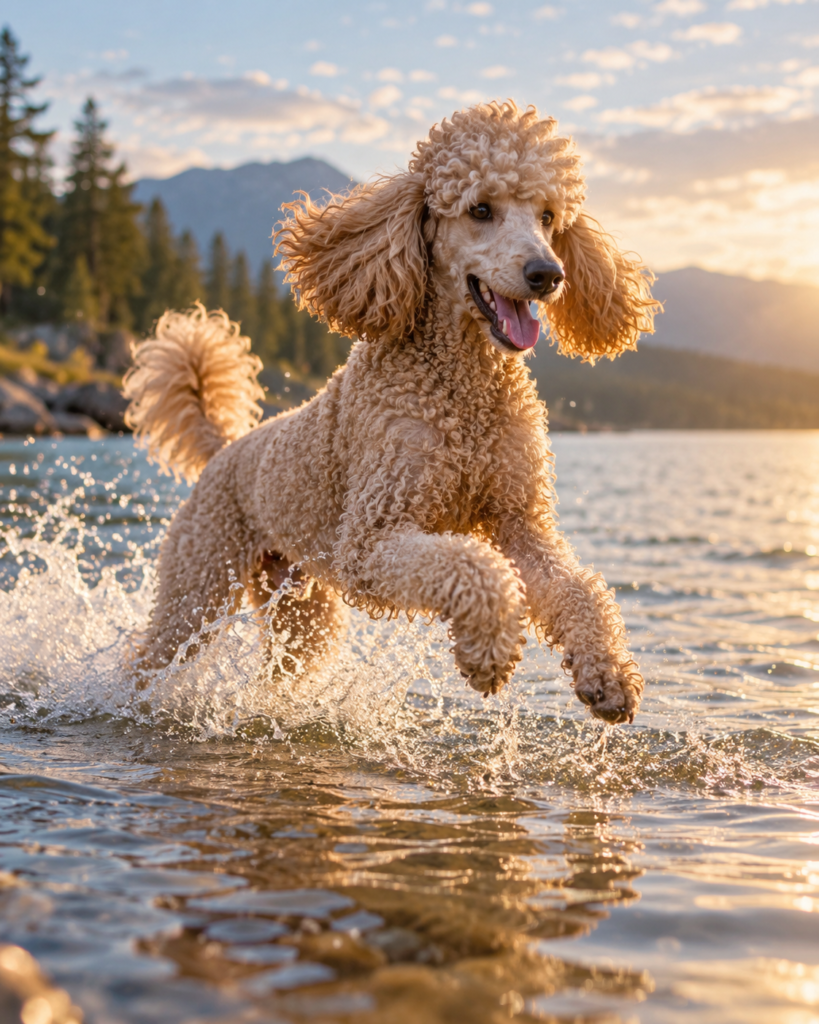 A Standard Poodle splashing through a lake at sunset