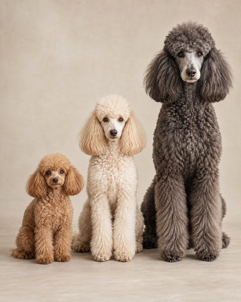 A Toy, Miniature, and Standard Poodle sitting side by side