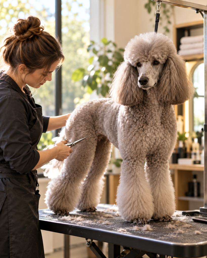 A groomer trimming a gray Standard Poodle on a grooming table