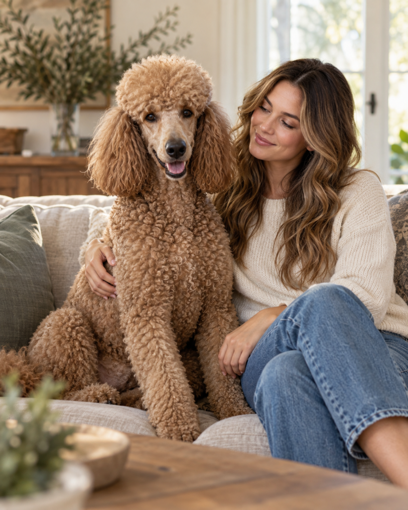 A Standard Poodle sitting on the sofa next to its smiling owner