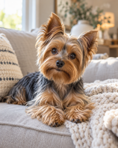 A Yorkshire Terrier lying on a sofa and tilting its head