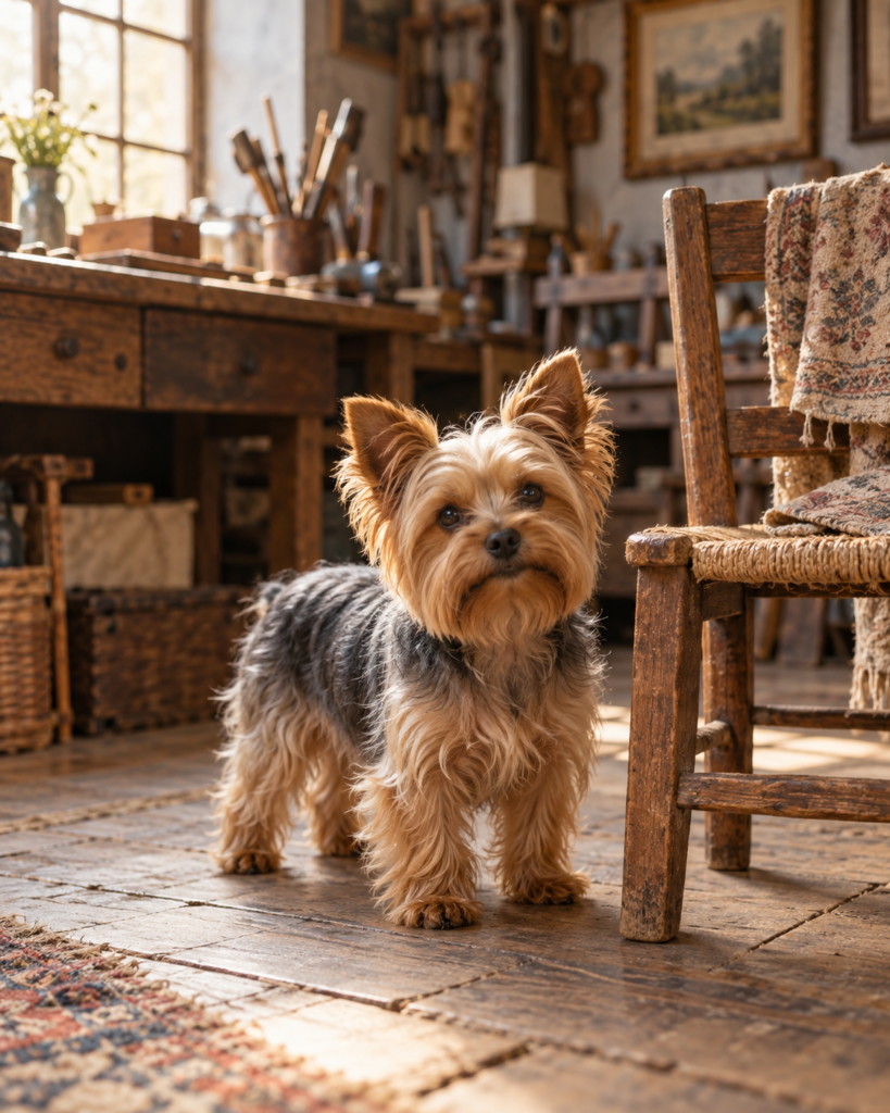A Yorkshire Terrier standing beside an old wooden chair in a rustic workshop