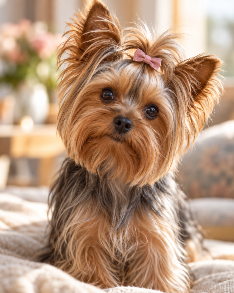 A Yorkshire Terrier with a small pink bow in its topknot