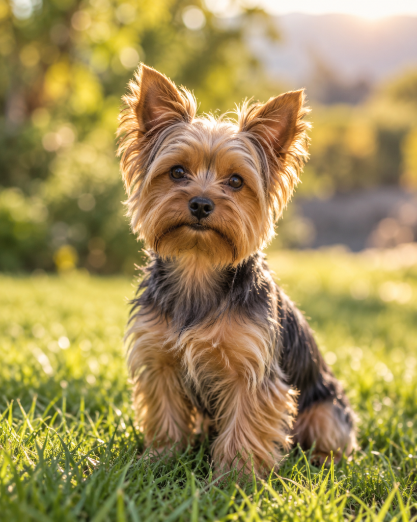 A Yorkshire Terrier sitting in the grass and looking up bravely