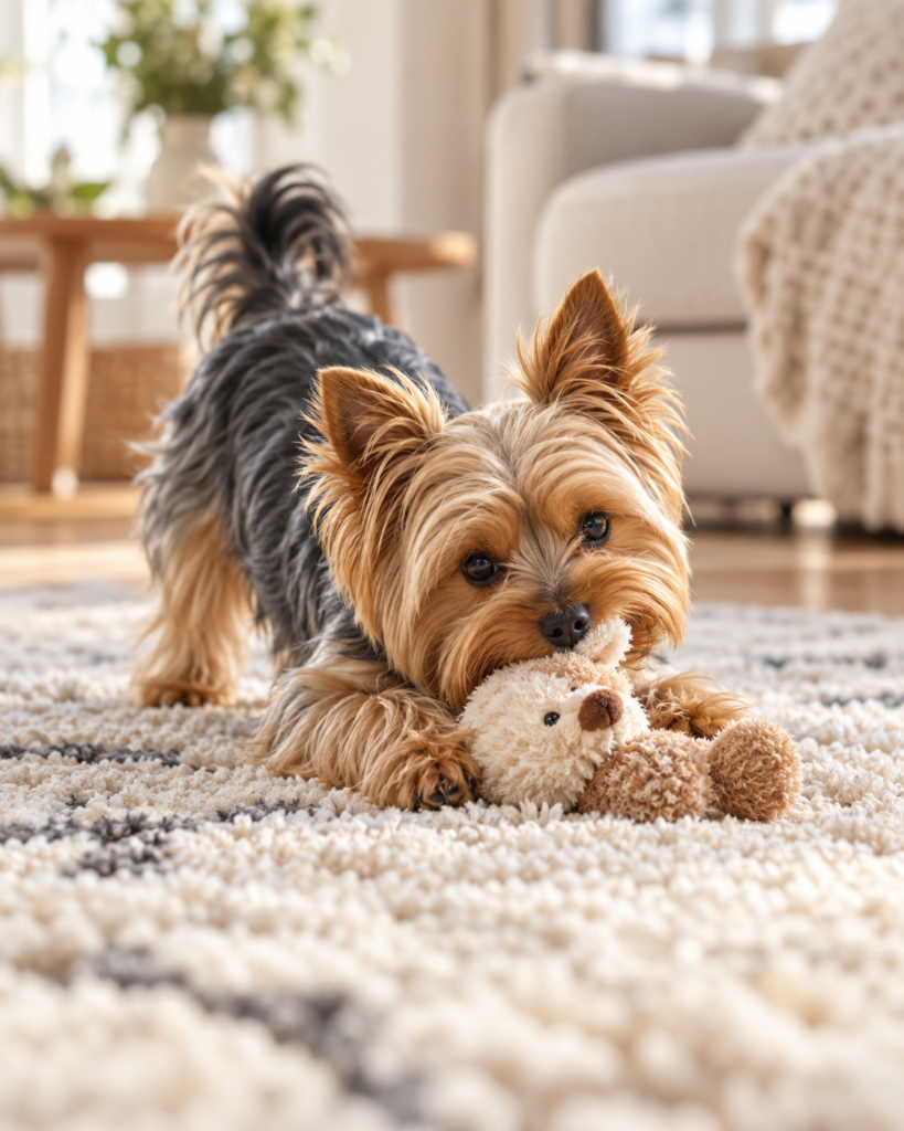 A Yorkshire Terrier playing with a stuffed toy on a rug