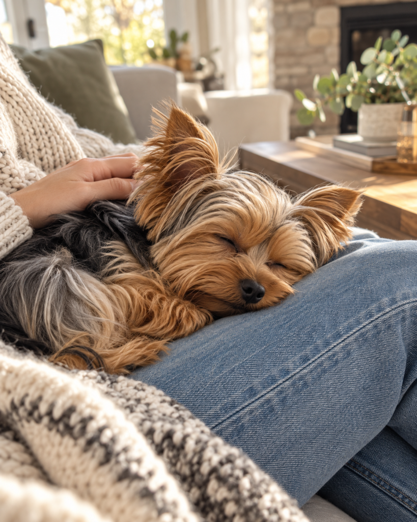 A Yorkshire Terrier asleep on its owner’s lap