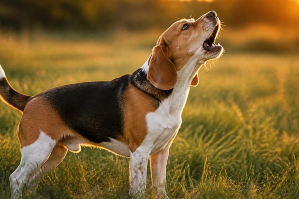 A beagle outdoors with its mouth open mid-bay