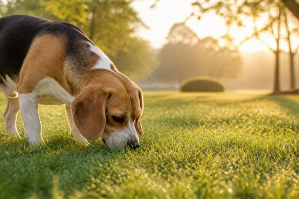 A curious beagle sniffing dewy grass in a park with its nose to the ground