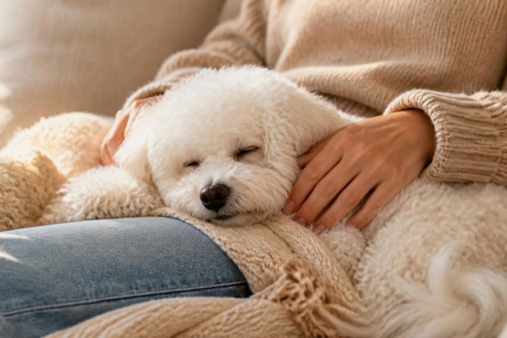 A white Bichon Frise snuggled on a person's lap on a sofa, eyes half closed and relaxed