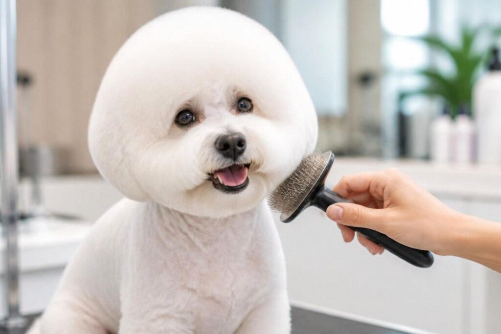 A white Bichon Frise being gently brushed on a grooming table, with a round freshly trimmed head