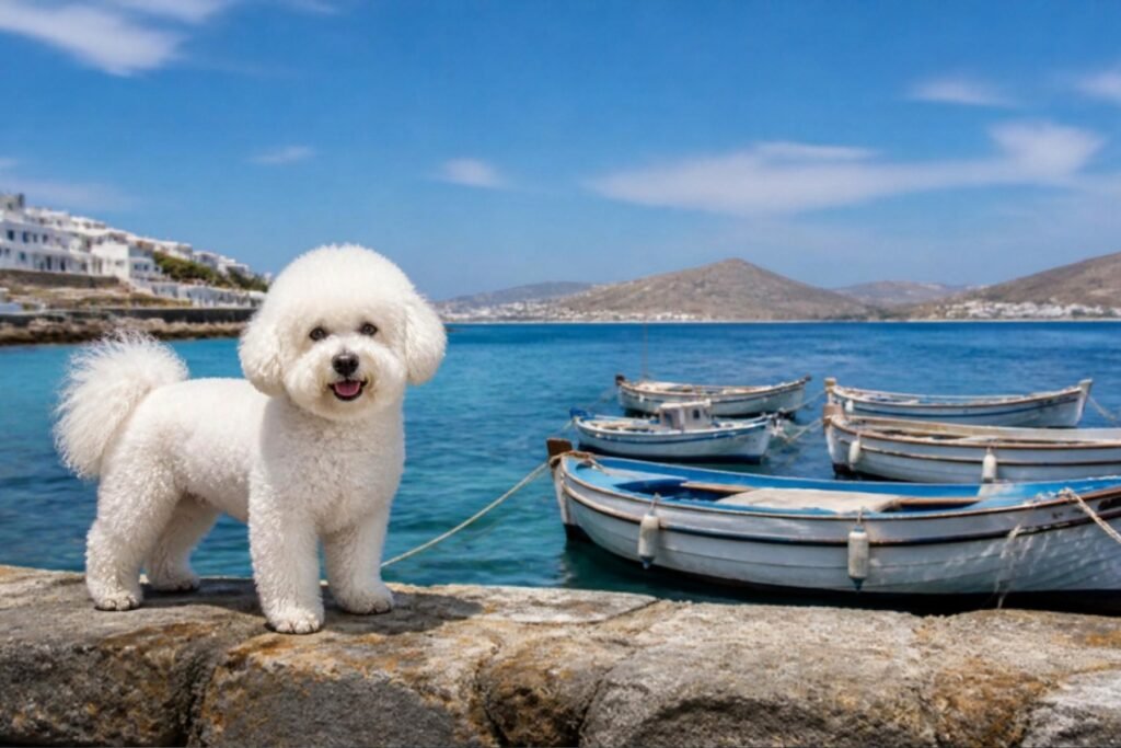 A white Bichon Frise standing on a stone harbor wall with fishing boats and blue water behind it