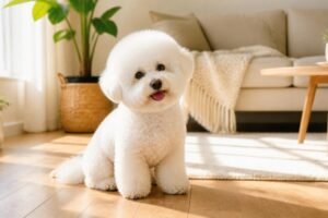 A fluffy white Bichon Frise with a rounded haircut sitting on a wooden floor in a sunny living room