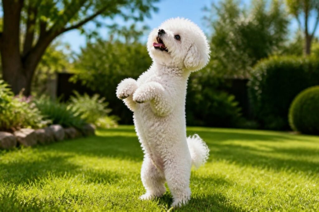 A white Bichon Frise standing on its hind legs in a grassy backyard, looking up eagerly