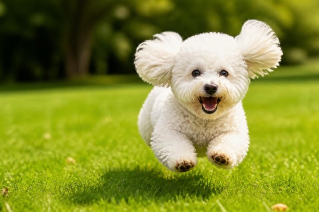 A white Bichon Frise running at full speed across a green lawn with its ears flying back