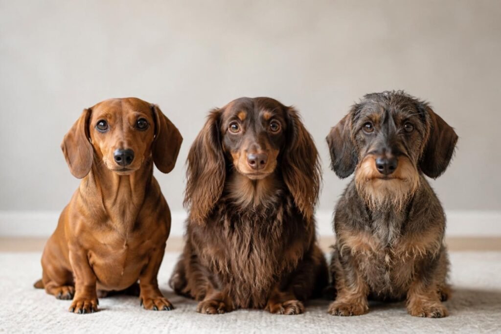 Three Dachshunds side by side with smooth, long-haired, and wire-haired coats