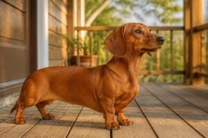 A smooth red Dachshund standing on a wooden porch, showing its long body and short legs